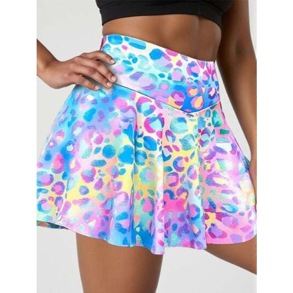 Shein Skort Pastel Leopard Animal Print 13" Lined Pull-On Women Large Runs Small